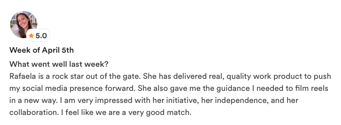 Client feedback from the week of April 5th by Melanie Lewis, rated 5.0