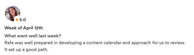 Client feedback from the week of April 12th by Johnny Tellez, rated 5.0