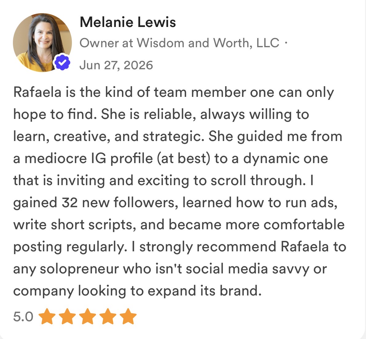 LinkedIn recommendation from Melanie Lewis, Owner at Wisdom and Worth, LLC