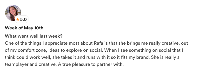 Client feedback from the week of May 10th by Melanie Lewis, rated 5.0